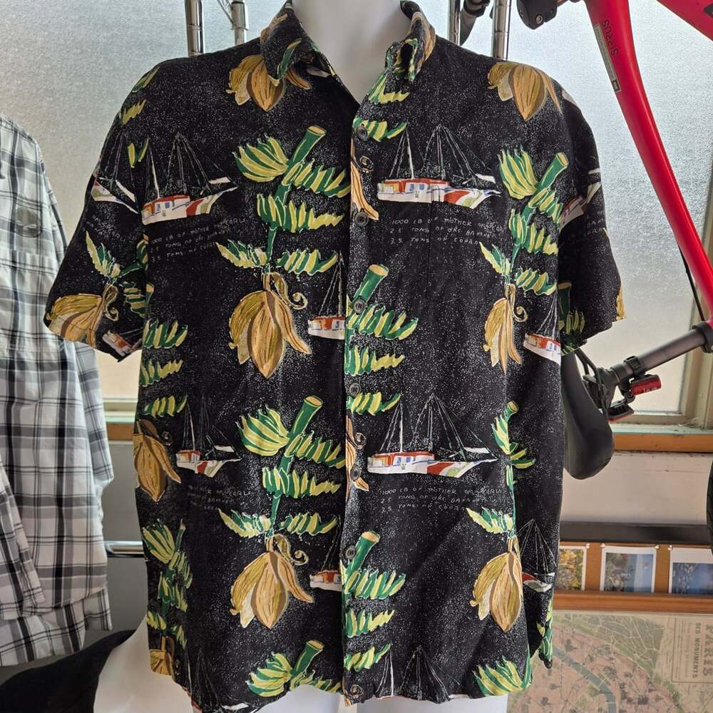 Kahala Hawaiian Shirt Black Banana Boat Print